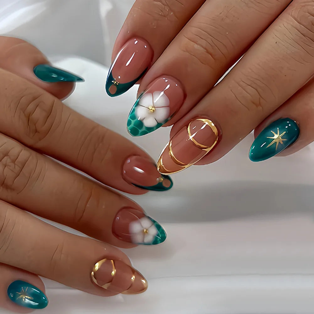 24pcs Simple False Nails Autumn Fashion Flower Leaves Pattern Design Mid-length Almond Press on Nails Sets Oval Fake Nail Tips