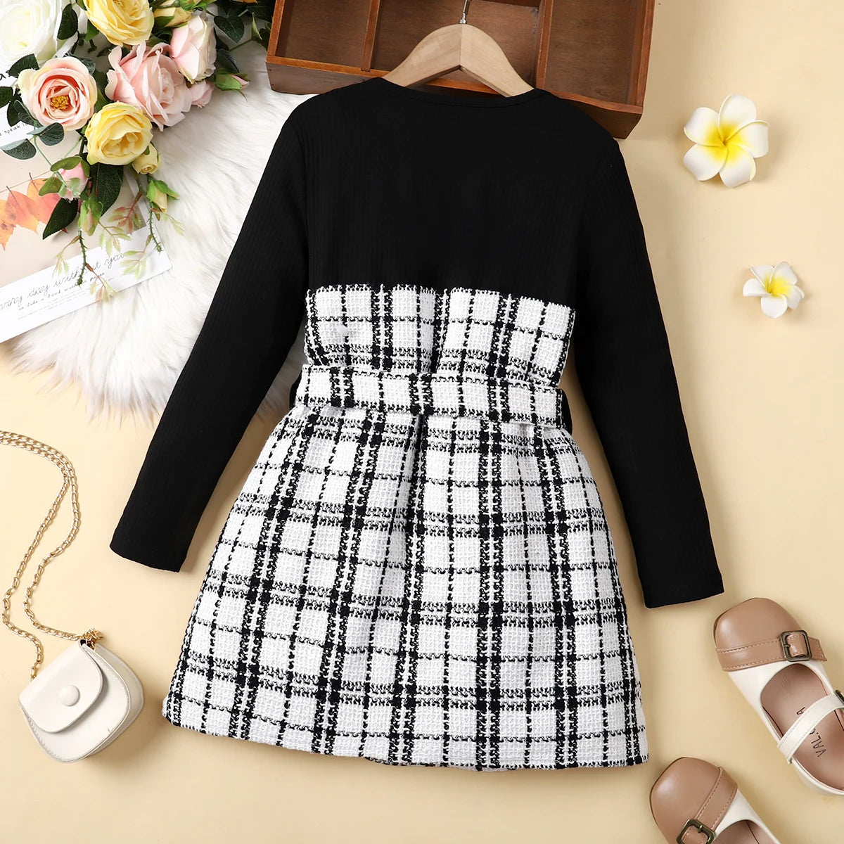 Dress for Girl Kid Girl Plaid Tweed Splice Button Design Irregular Hem Long-sleeve Girl Dresses for 5-12 Y
