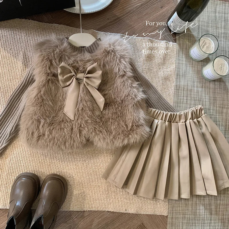 Winter Girls Clothing Sets Autumn Knitted Pullover+Faux Fur Vest +plush Leather Skirt Princess Party Children Clothes Suits 2-7Y