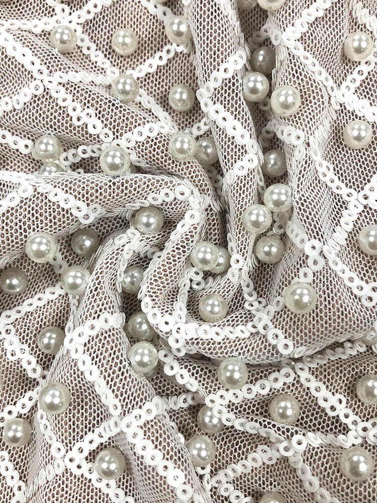 VC Pearl Sequins Hollow Out Short Dress For Women Sexy Long Sleeve Key Hole Bow Tie Diamond Beige Mini Evening Party Dress