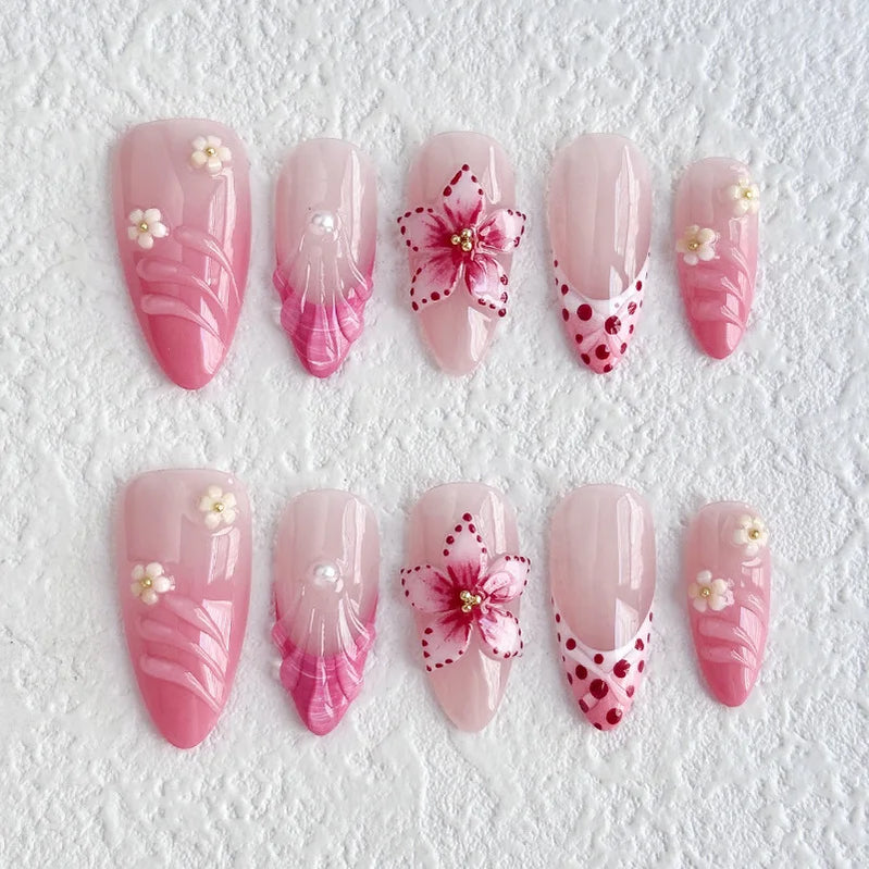 10Pcs Mid-length Almond with Polka Dot Flower False Nails White 3D Little Floral Decoration French Acrylic Nails Pink Manicure