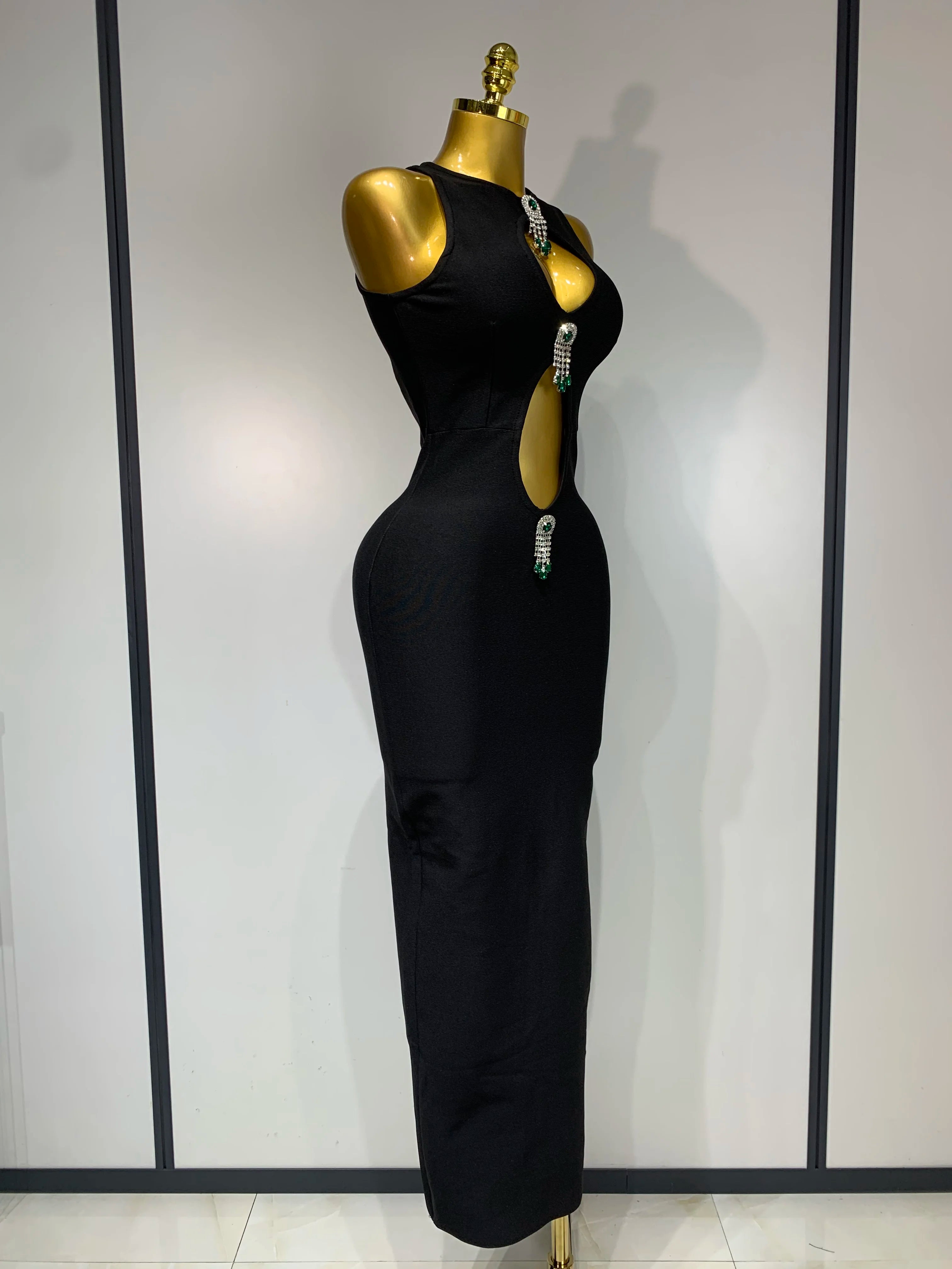 Women Celebrity Sexy Cut Out Diamonds Black Long Bodycon Bandage Dress 2025 Elegant Evening Club Party Luxury Birthday Dresses