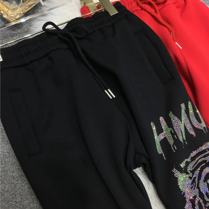 4XL Plus Size Luxury Brand Thick Rhinestone Tiger Pant Women Autumn 150 KG Casual Large Size Trousers Ladies Streetwear Winter