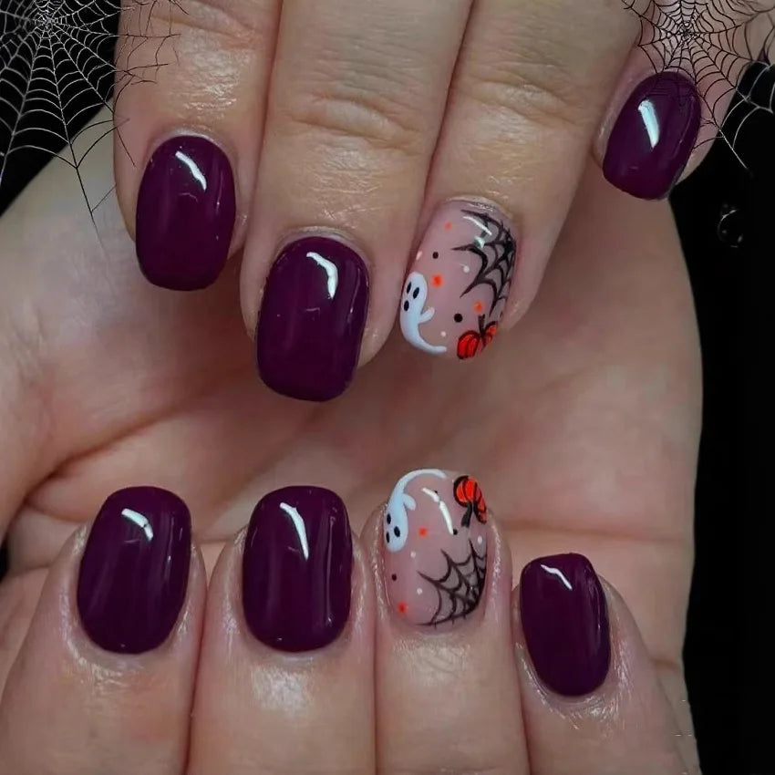 24Pcs Short Square False Nails Dark Forest Castle Design Press on Fake Nails Halloween Reusable Artificial Full Cover Nails Tips