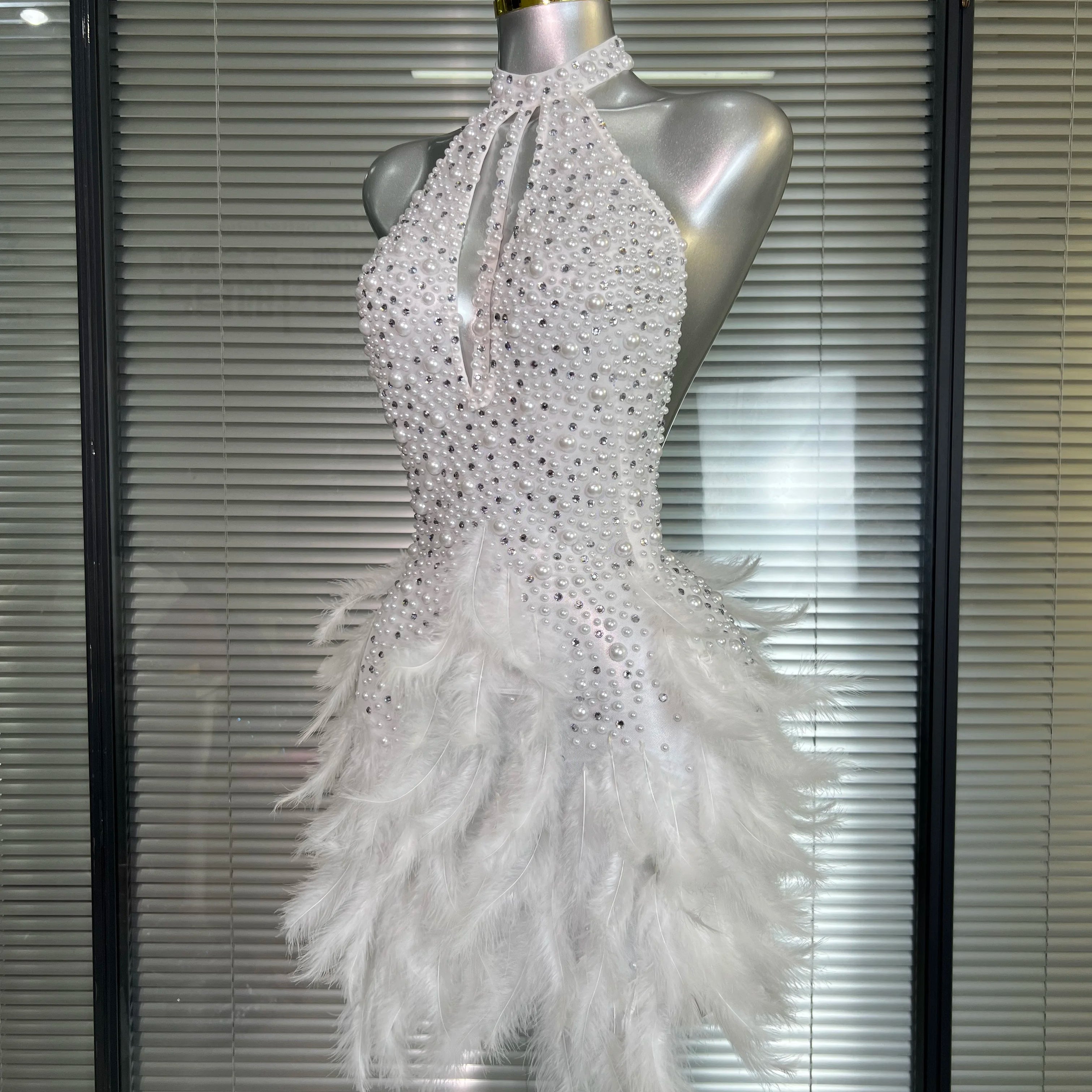 Women Sexy White Backless Mesh Crystal Diamonds Feathers Performance Costume Stage Dancer Mini Stretchy Night Club Party Dress