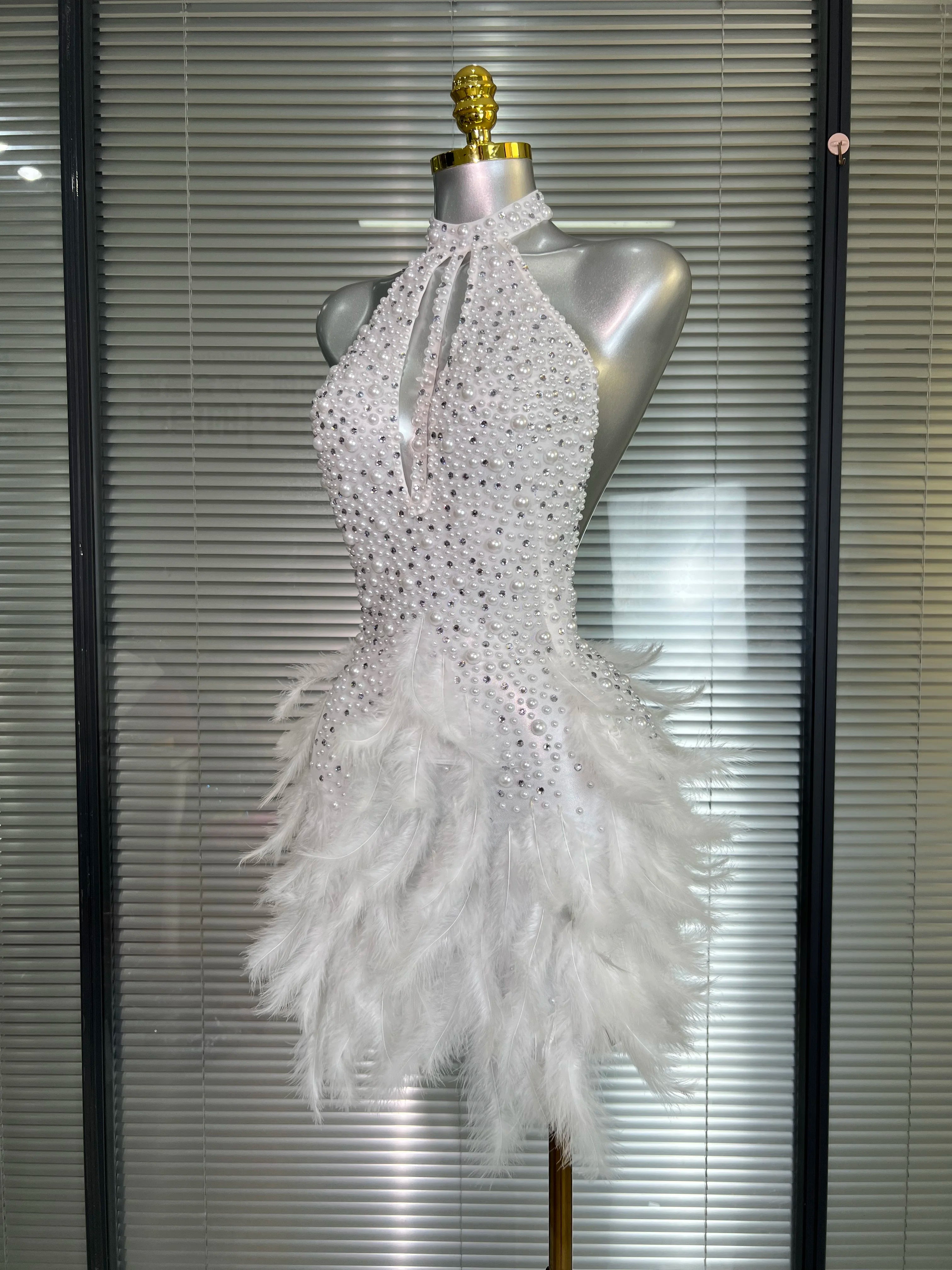 Women Sexy White Backless Mesh Crystal Diamonds Feathers Performance Costume Stage Dancer Mini Stretchy Night Club Party Dress