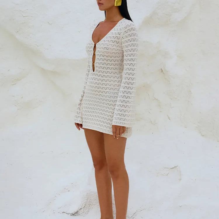 Sexy Knitted Beach Dress For Woman White Hollow Out Deep V Neck Long Sleeve High Waist A-line Knit Dress Knitwear
