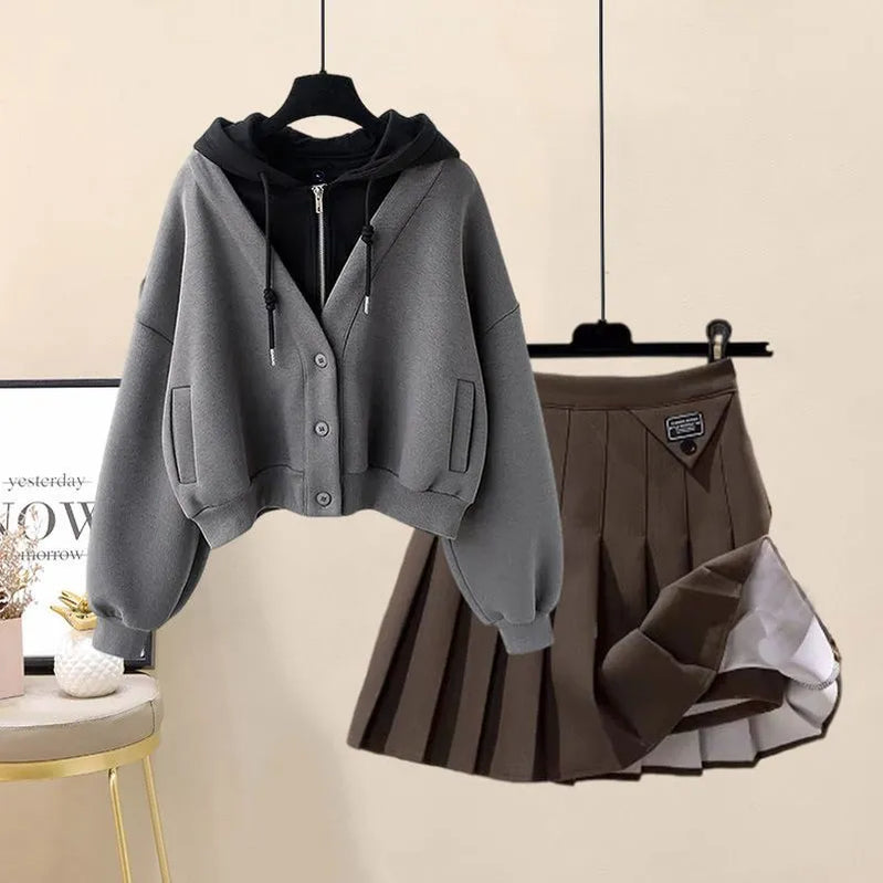 Autumn New Plush and Thick Patchwork Hoodie Jacket Pleated Mini Skirt Two-piece Elegant Women's Skirt Set Outfits 2pcs set 04