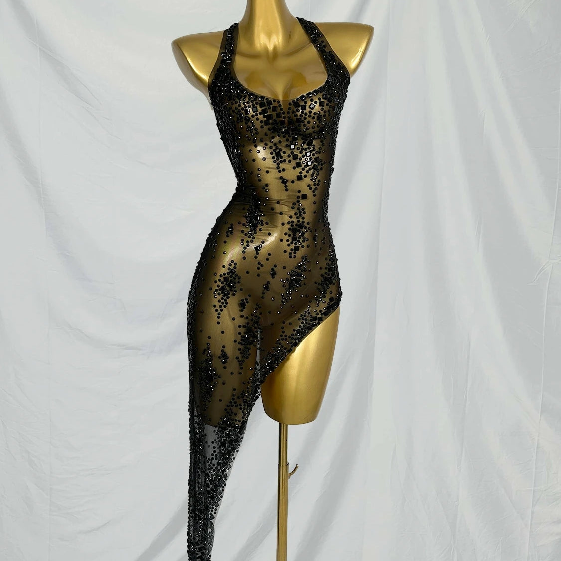 Nightclub Mini Dress Singer Stage Performance Wear Bar Party Asymmetrical Dress Sparkly Rhinestones Sleeveless Mesh Dress Xinghe