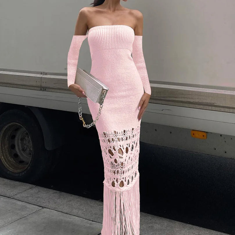 Dulzura Autumn Knitted Tassel Y2K Clothes Long Sleeve Backless Tube Bodycon Maxi Dress For Women 2023 Club Party Elegant Outfits