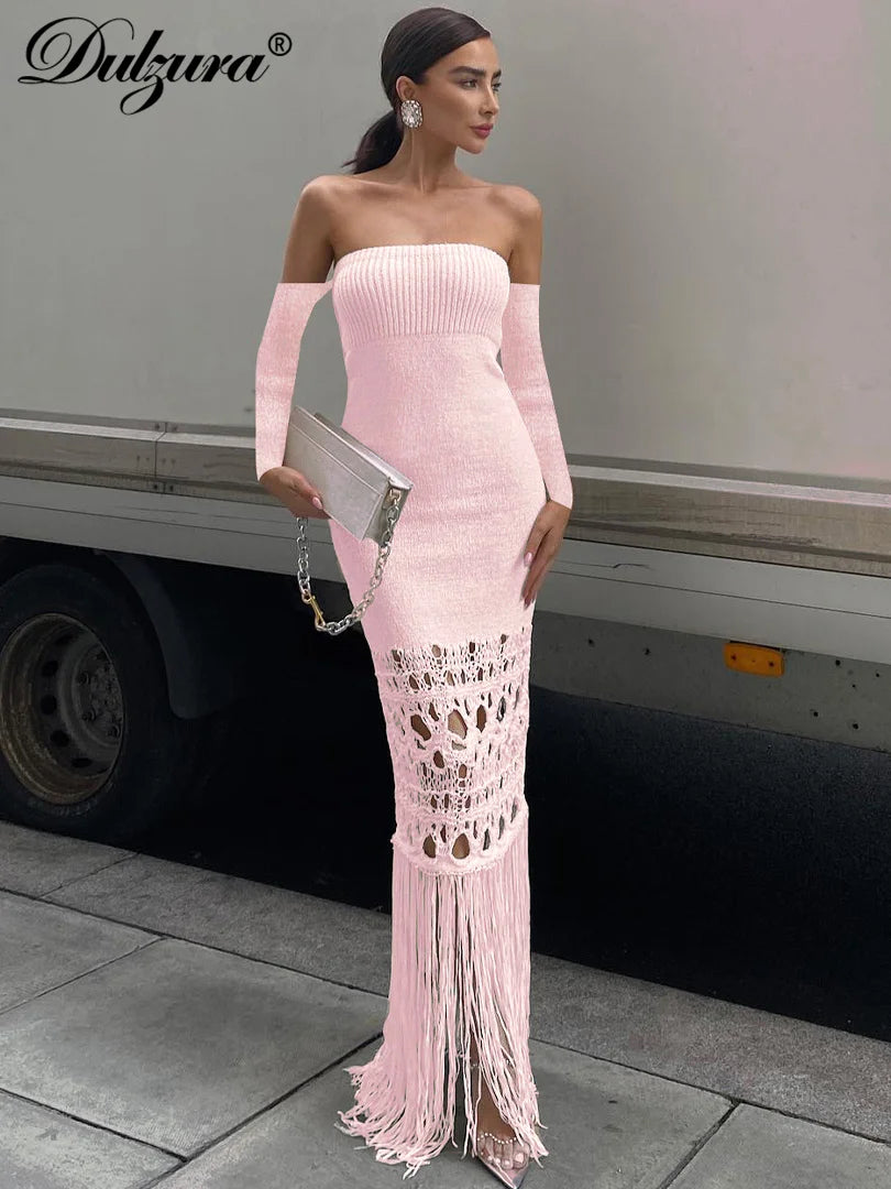 Dulzura Autumn Knitted Tassel Y2K Clothes Long Sleeve Backless Tube Bodycon Maxi Dress For Women 2023 Club Party Elegant Outfits