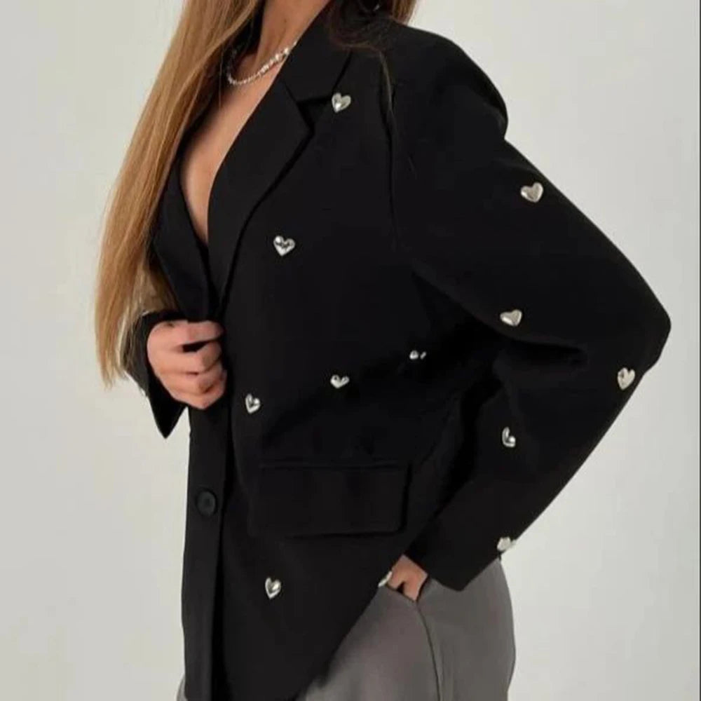 TWOTWINSTYLE Elegant Spliced Heart Blazers For Women Notched Collar Long Sleeve Patchwork Pockets Chic Blazer Female Fashion New