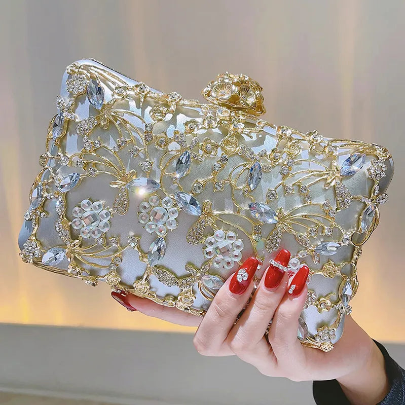 Hollow Rhinestone Evening Bag Elegant Box Clutch Purse Women's Handbags For Party Prom Wedding - Basso & Brooke