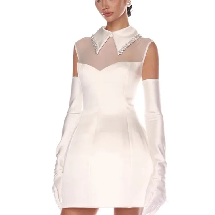 Luxury Women Celebrity Sexy Tank White Pearl Diamonds A Line White Mini Bodycon Dress Elegant Evening Club Party Dress