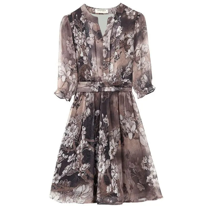 Elegant Printing Spliced Folds Chiffon Floral Dress Women Clothing 2024 Summer Loose Office Lady Butterfly Sleeve Mini Dress