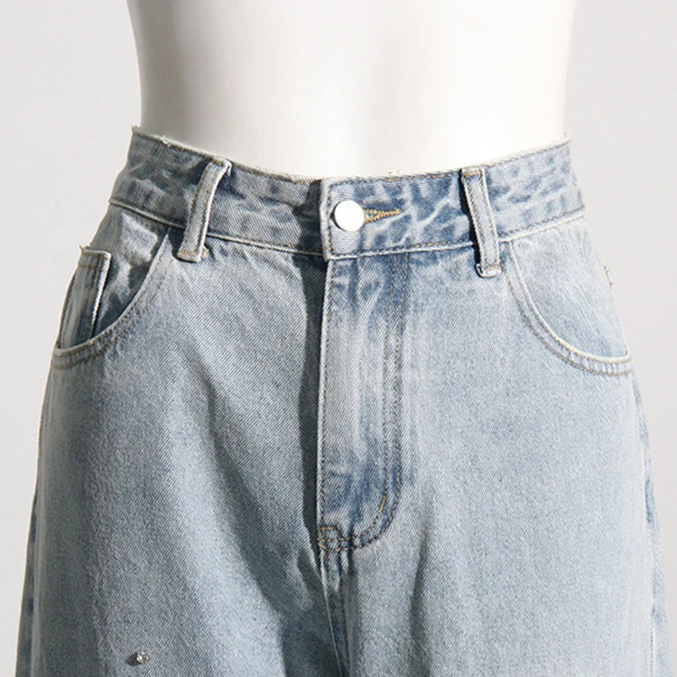 Patchwork Diamonds Casual Denim Trousers For Women High Waist Spliced Button Solid Loose Straight Jeans Female Fashion