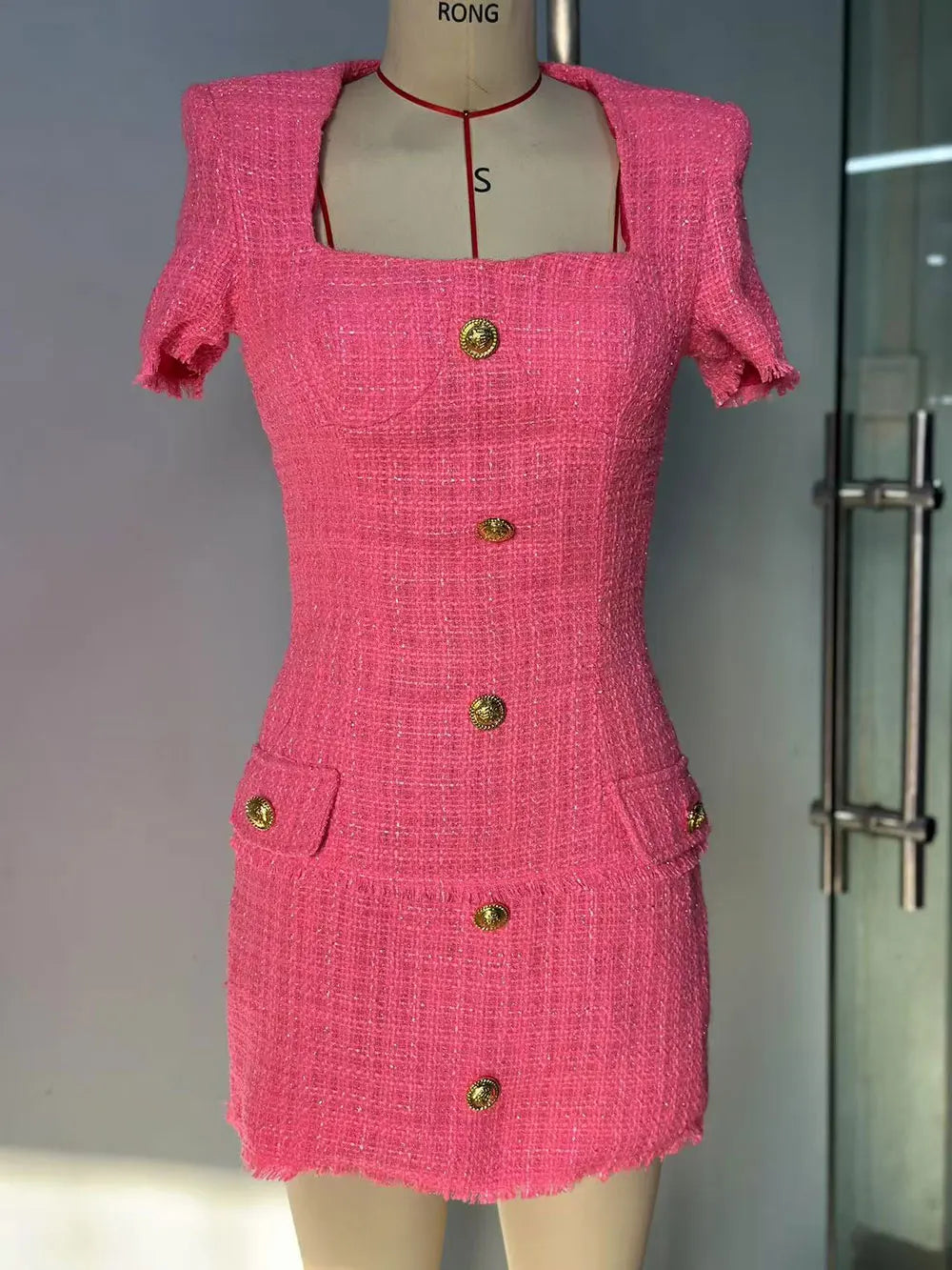 2025 Elegant Women's Small Fragrant Dress Square Neck Short Sleeve Button Design Bodycon Mini Dress Evening Party Vestidos