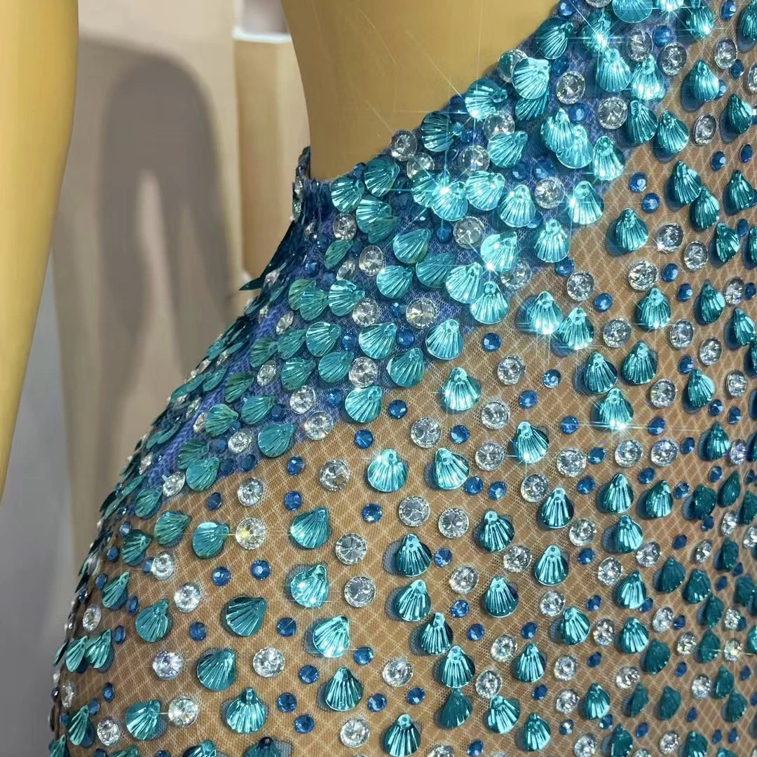 New Mermaid Blue Maxi Dress Shell Sequins Rhinestone Evening Gown for Women Luxury Ball Dress Deep V Neck Mesh Dress Beiduofen
