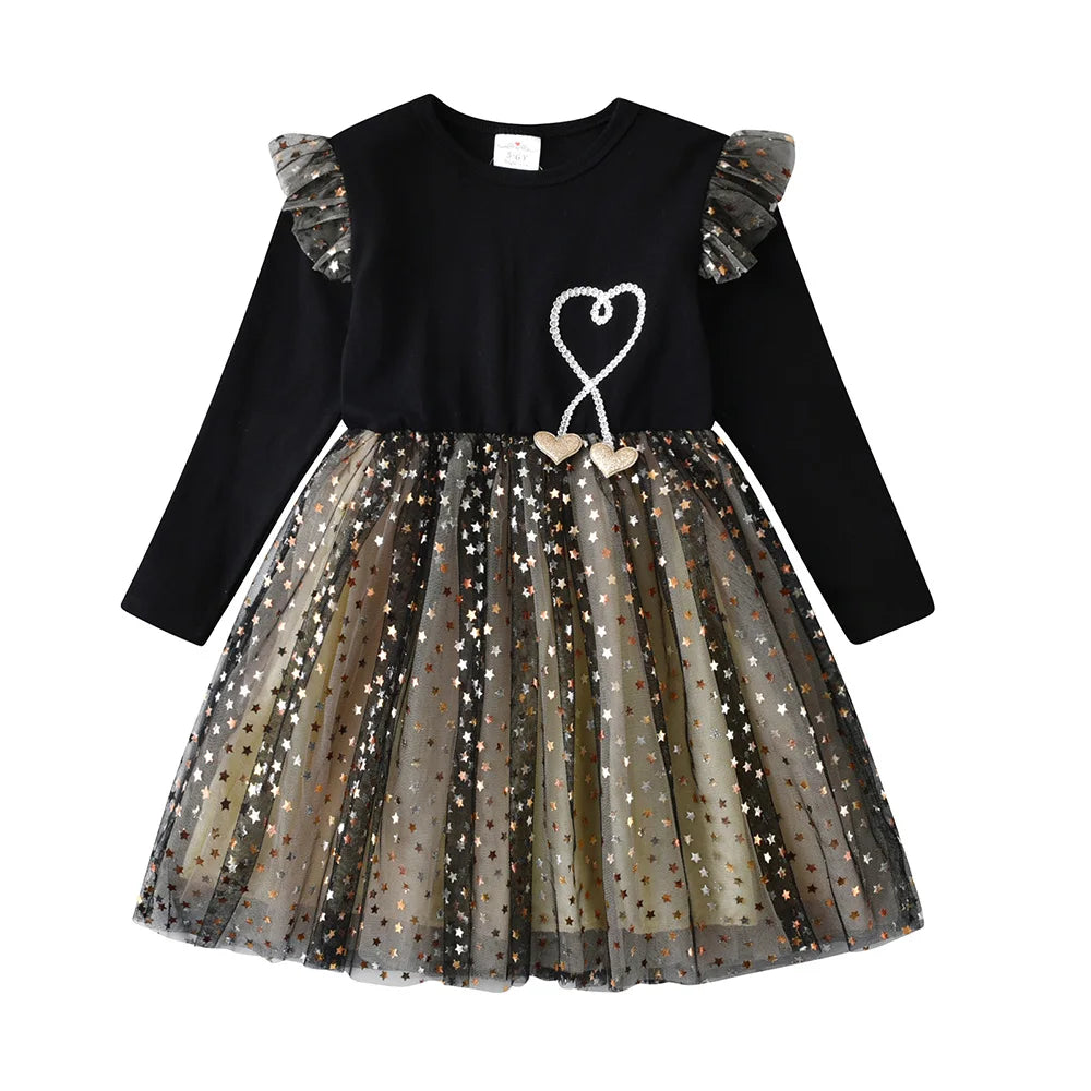 Girls Long Sleeves Dress Star Sequins Party Princess Dress Children Casual Clothing Daily Clothes Infantil Vestidos Gift LH4866
