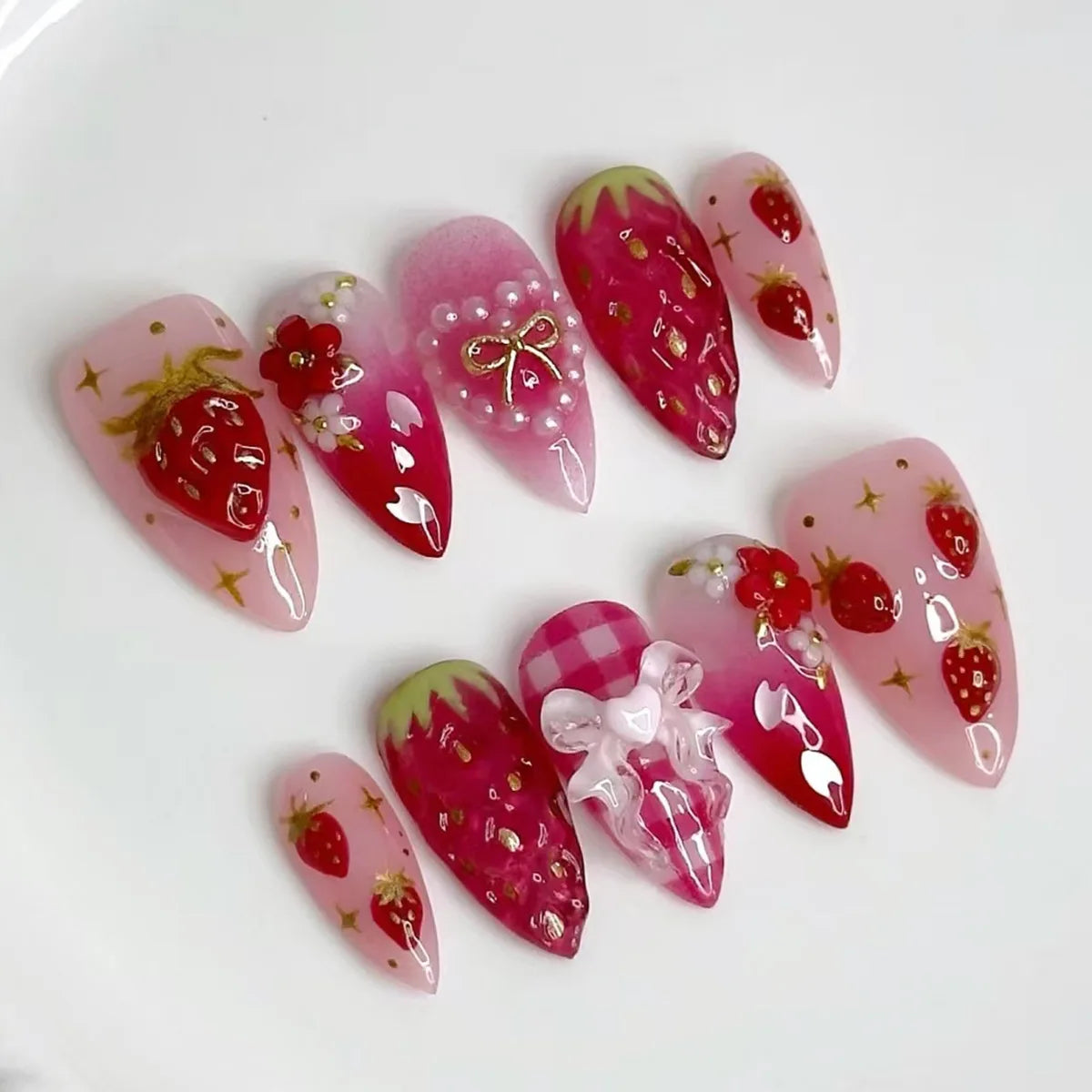 24Pcs Mid-length Almond Nails Set Press on Strawberry Pearl Love Check Design Fake Nails 3D Bow Flower Reusable False Nails Tips