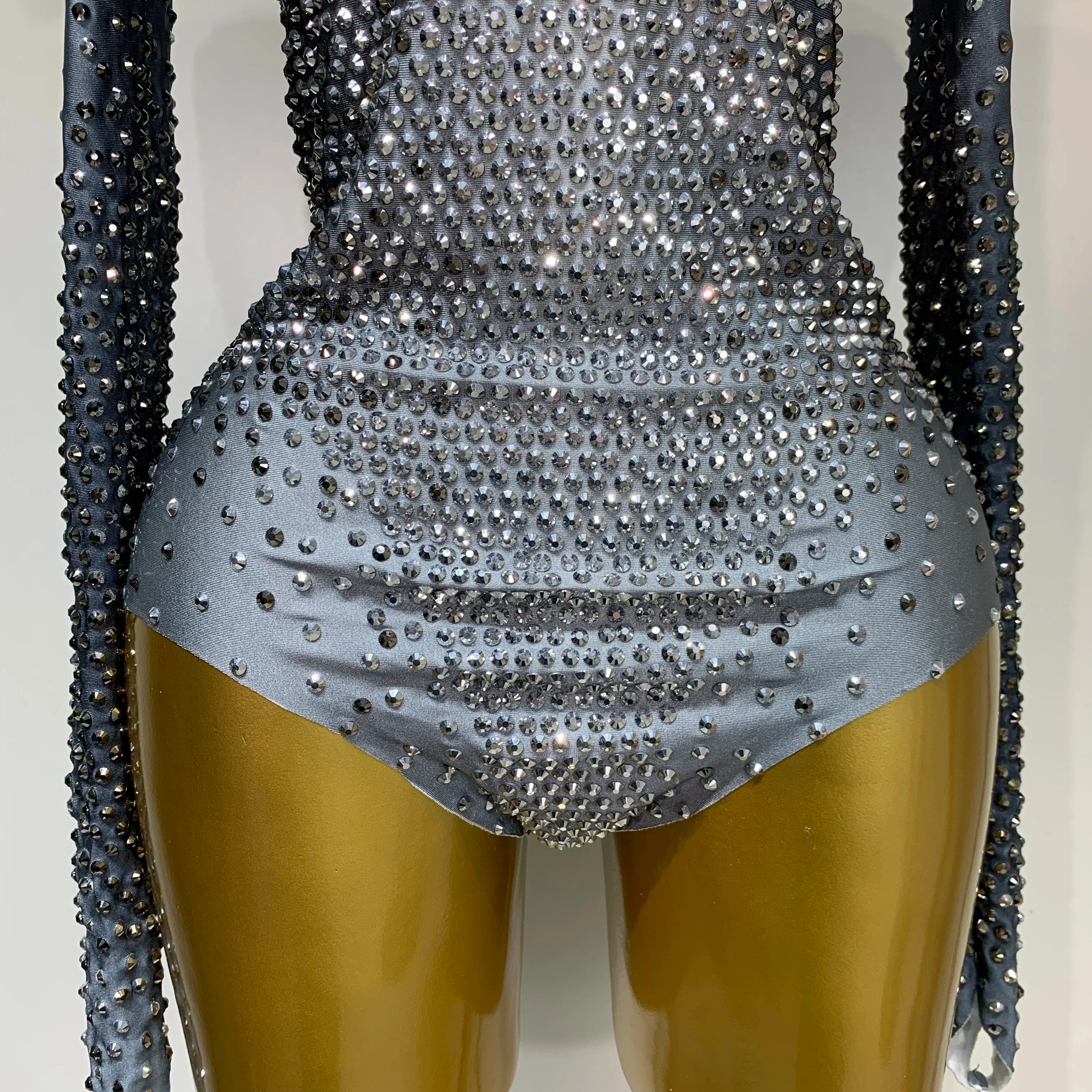 Sparkle Silver Rhinestones Stretch Bodysuits  Women Luxury Birthday Evening Party Sexy Nightclub Singer Stage Costume