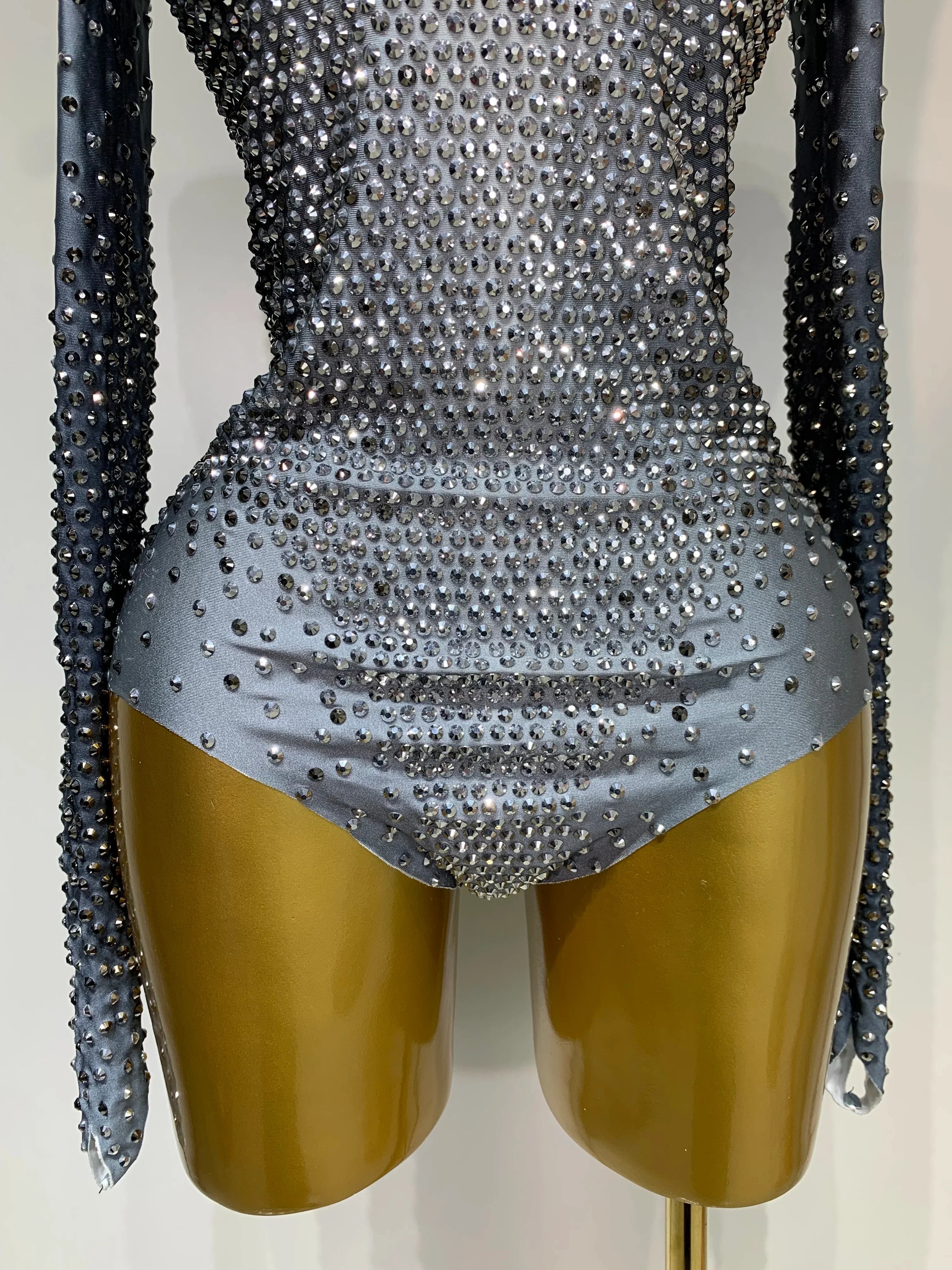 Sparkle Silver Rhinestones Stretch Bodysuits  Women Luxury Birthday Evening Party Sexy Nightclub Singer Stage Costume