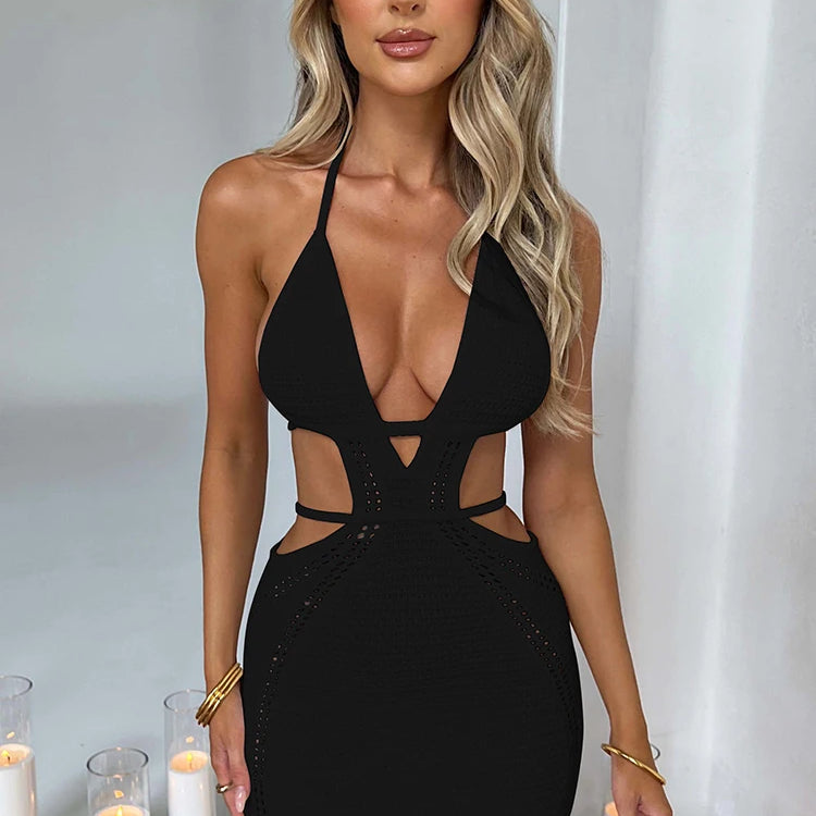 Hollow Out Halter Sexy Mini Dress Women Summer Sleeveless Backless Skinny Club Party Knit Tank Dress Vestido