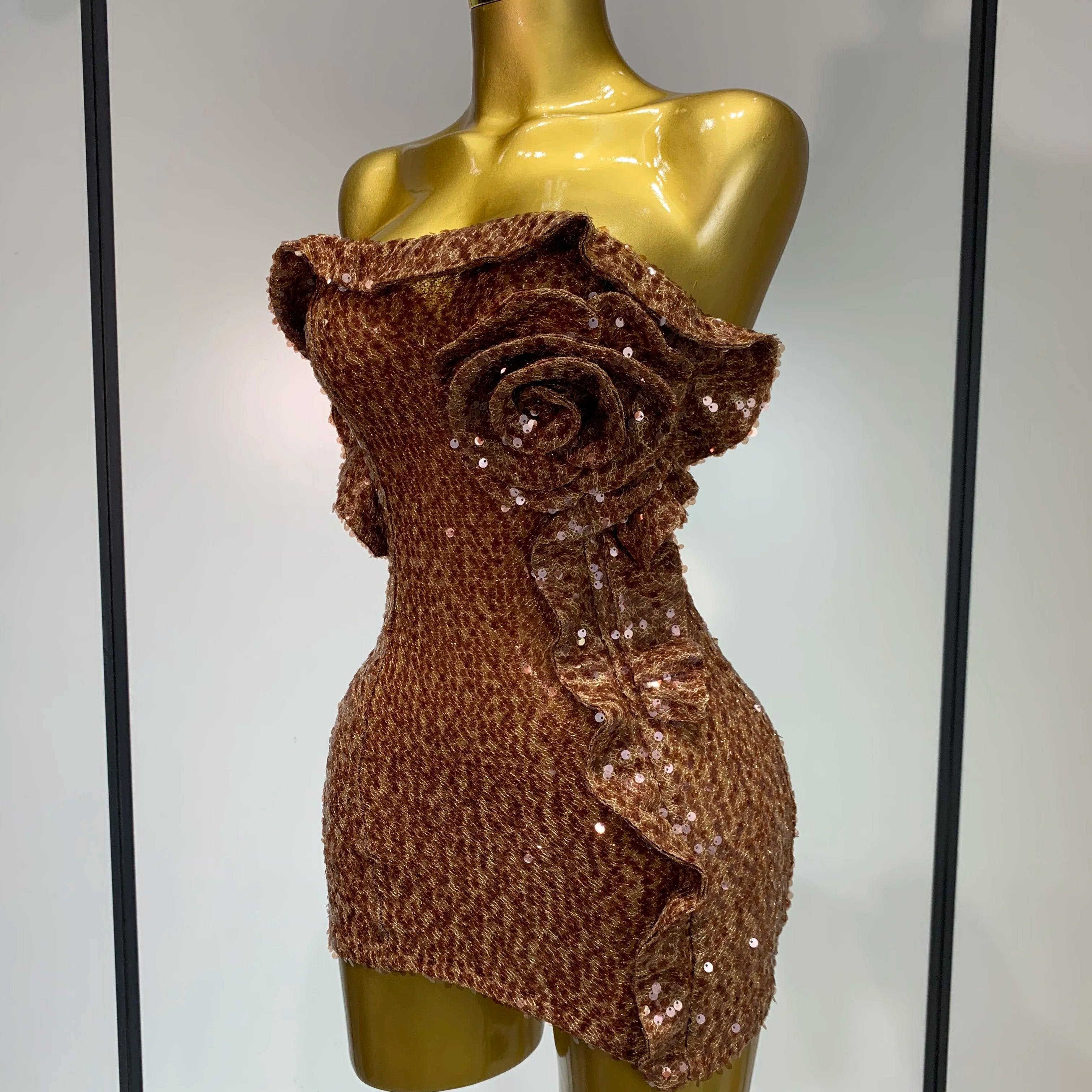 Women Sexy Strapless Backless Brown Sequins Mini Dress  Celebrity Elegant Evening Party Club Luxury Birthday Guest Gown
