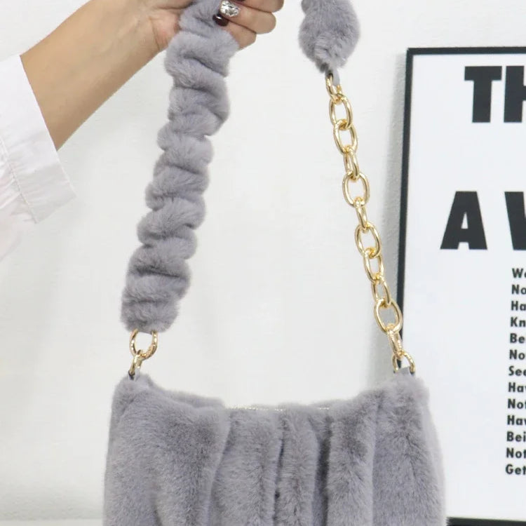 Women Faux Fur Handbags with Metal Chain Lady Ruched Shoulder Bag Armpit Casual Square Hobos Crossbody Winter Grey