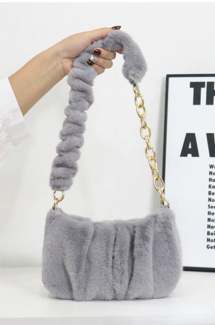 Women Faux Fur Handbags with Metal Chain Lady Ruched Shoulder Bag Armpit Casual Square Hobos Crossbody Winter Grey