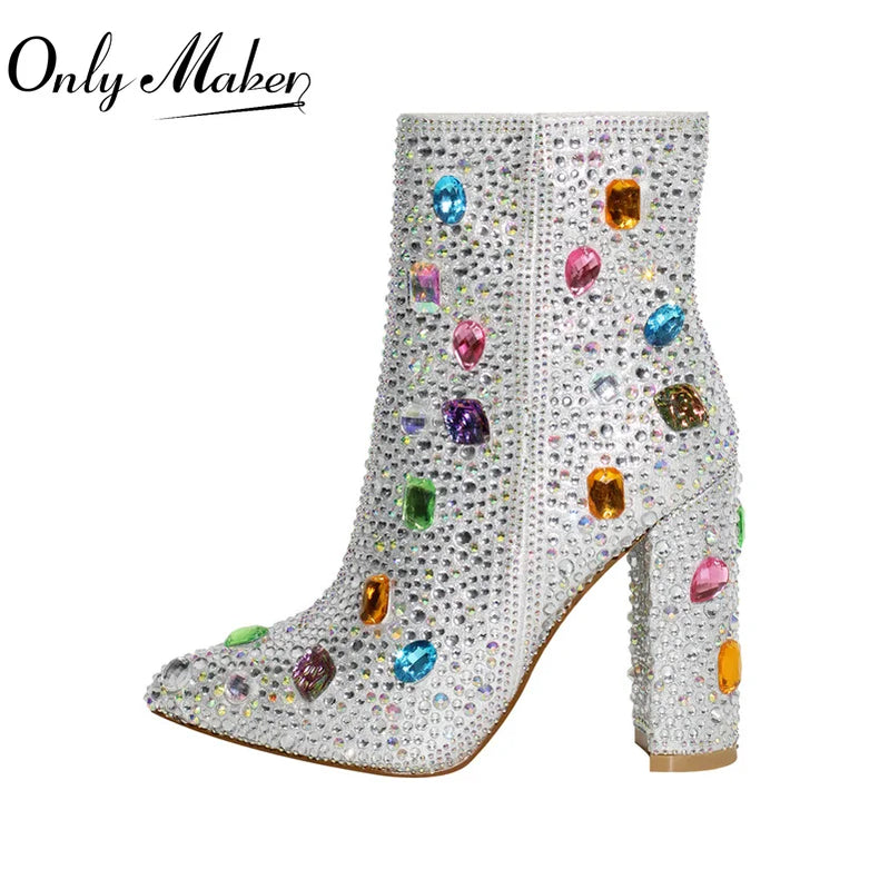 Onlymaker Women Rhinestones Ankle Boots Pointed Toe Zipper Luxury Bling Party Dress Big Size Lady Booties