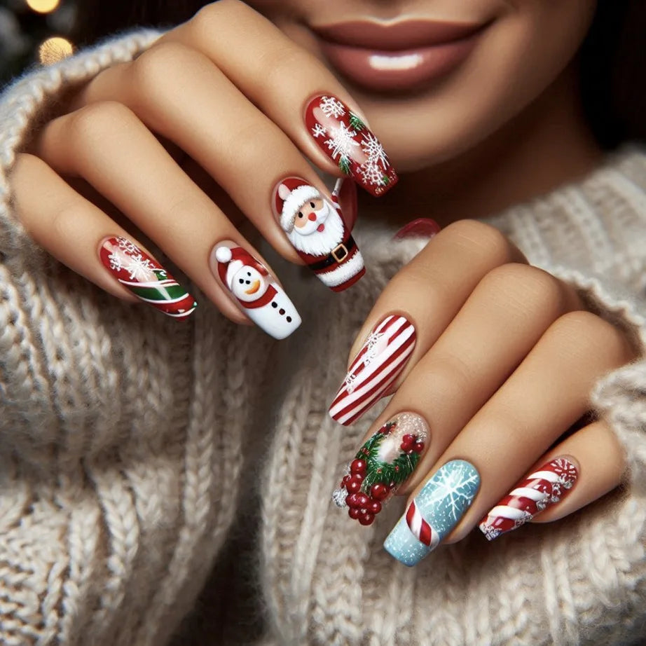 2025 Merry Chrismas Press on Nails Cute Snowman Elk Santa Claus Print Fake Nail Tips Wearable Long Coffin False Nails for Girls