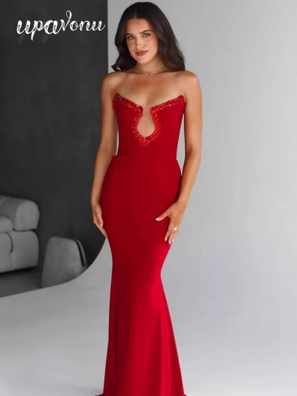 2025 Sexy Women'S Light Luxury Bead Design Red Bandage Dress Strapless Sleeveless Bodycon Backless Long Dresses Party Vestidos
