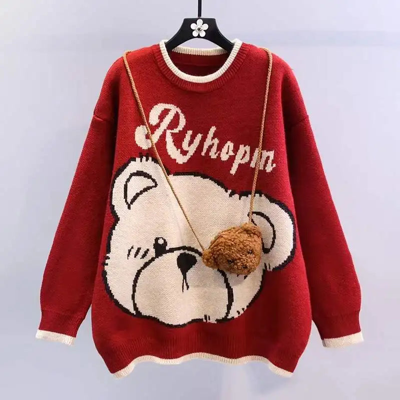 Winter Warm Lucky Red Sweater Pleated Mini Skirts 1 or 2 Piece Set Women Cute Bear Knit Pullover Skirt Outfits Top with Bag Only Red Sweater