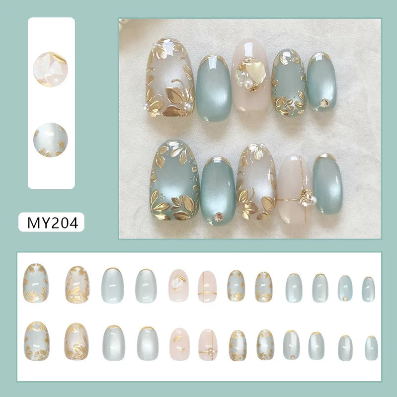24pcs Shiny Green Cat Eye False Nails Cute Seal Print Fake Nails Tips Wearable Reusable Glossy Short Round Press on Nails