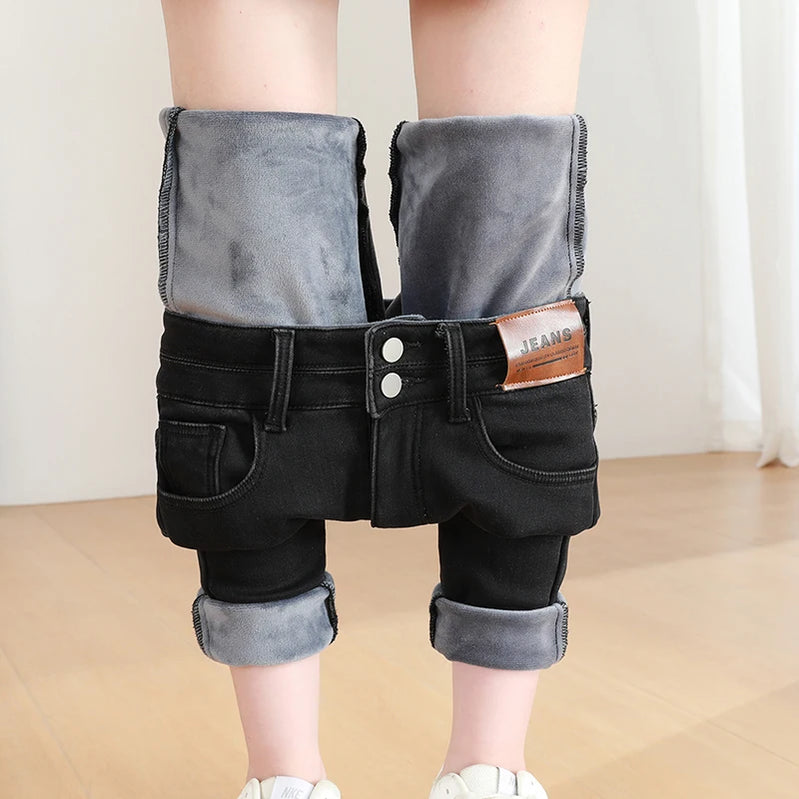 Winter Women's Fleece Thickened Jeans Elastic High Waist Skinny Fashion Slim Fit Velvet Pencil Denim Pants Black Blue