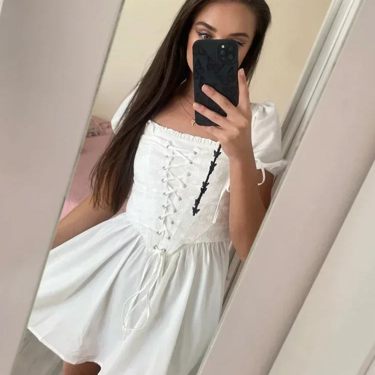 Suninheart Summer Blue Puff Sleeve Corset Dress Mini Elegant A Line Lace Up Holiday Party Dress Square Neck Women Dress 2023