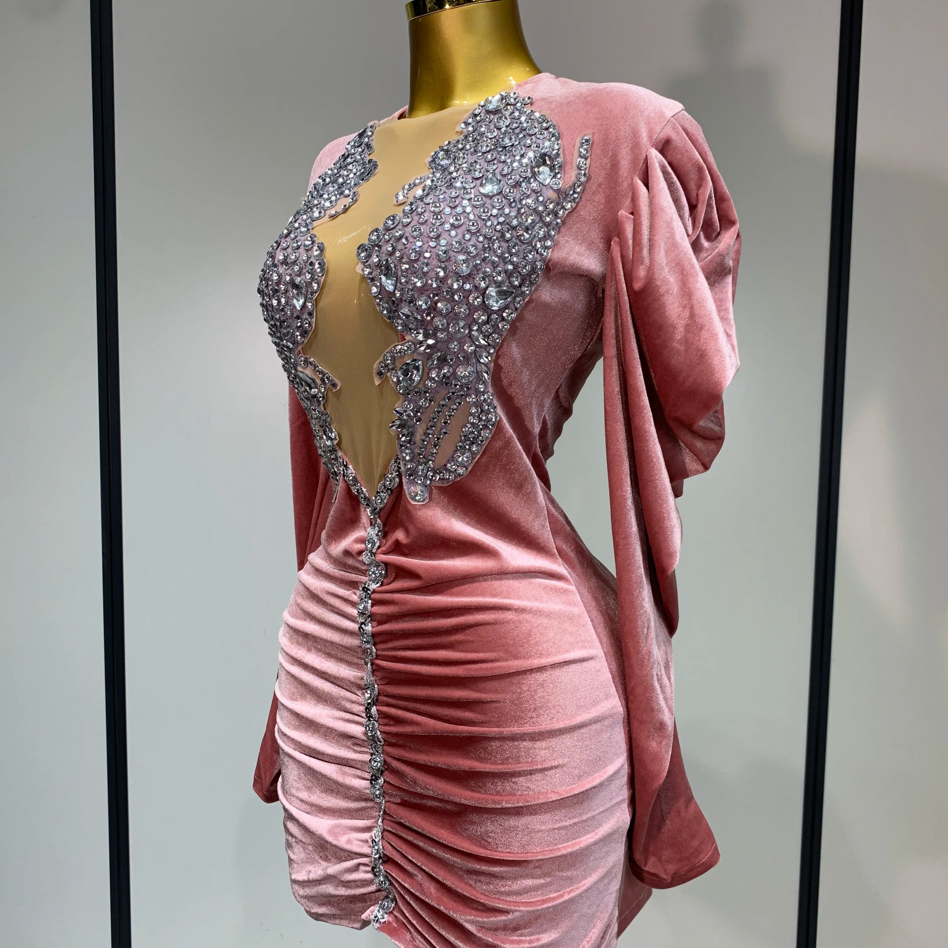 Luxury Birthday Dress Sparkly Crystals Sexy Mesh Velvet Short Dress 2025 Women Elegant Evening Party Nightclub Stage Costume