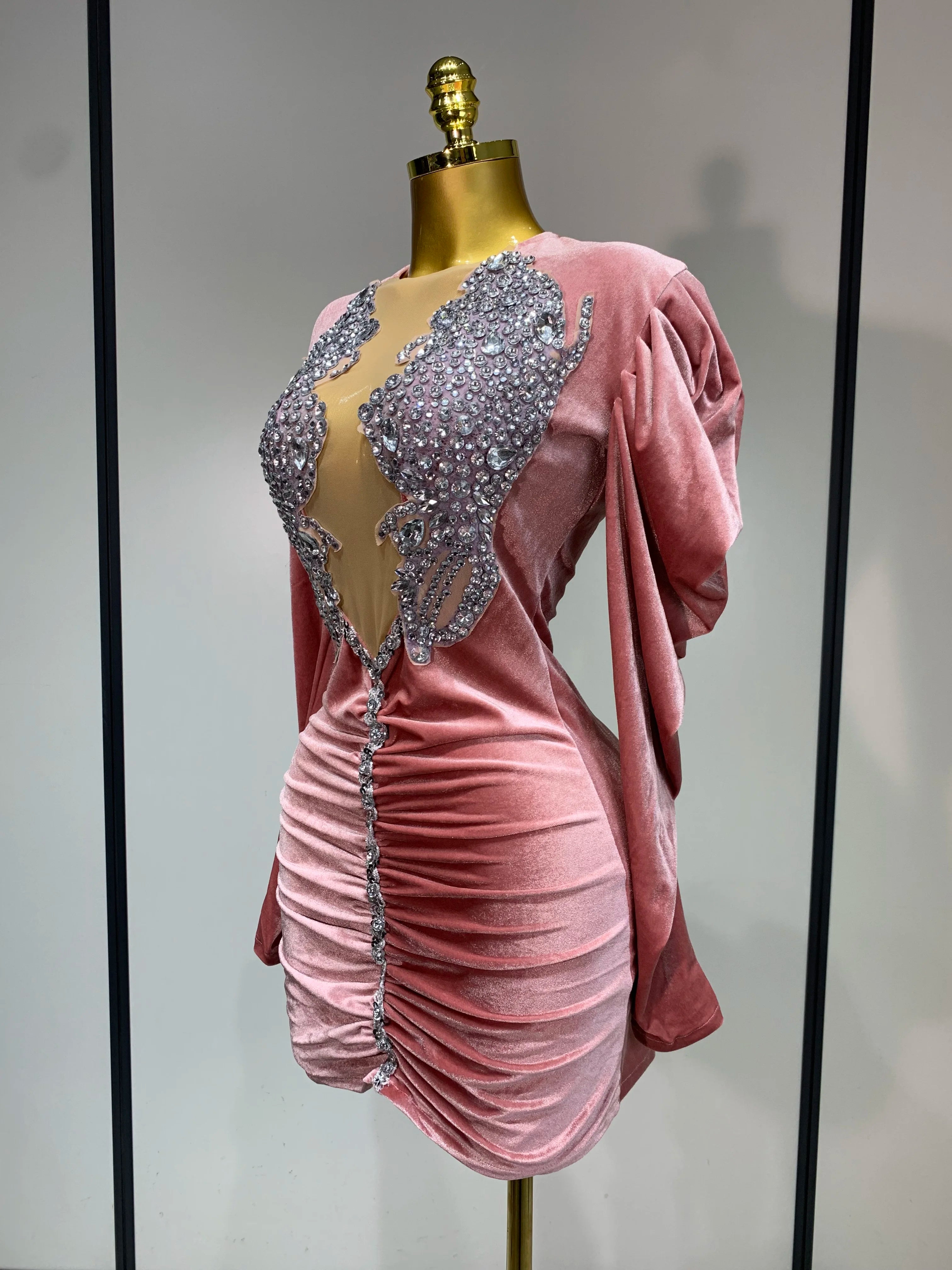 Luxury Birthday Dress Sparkly Crystals Sexy Mesh Velvet Short Dress 2025 Women Elegant Evening Party Nightclub Stage Costume