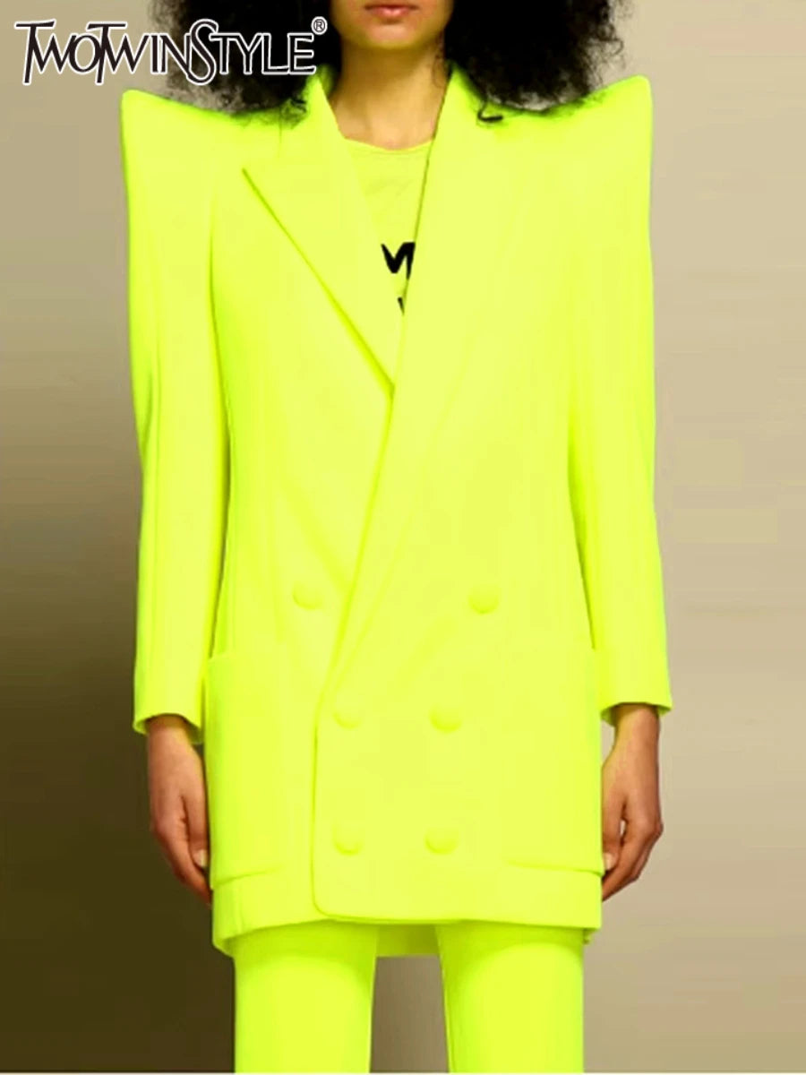 TWOTWINSTYLE Solid Two Piece Set for Women Lapel Long Sleeves Patchwork Pockets Loose Blazer High Waist Pant Sets Female Clothes