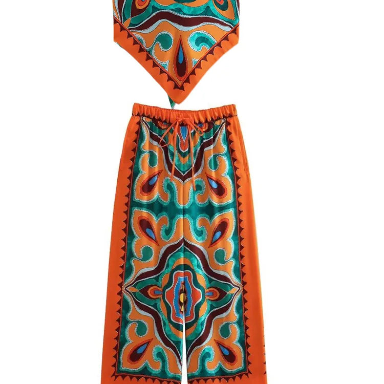 BlingBlingee Summer Printed Women Wide Pants Satin Suits Traf Asymmetric Sleeveless Strapless Crop Top Female Sets Y2K Camis-Pants Sets 2