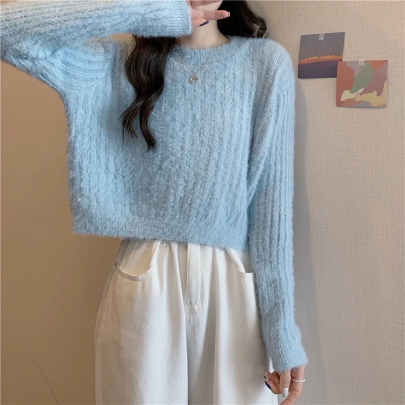 Fuzzy Mohair Sweater for Women Fluffy Long Sleeve Crew Neck Rib Knitted Pullover Plain Jumper Soft Girl Autumn Winter Outfit Light Blue One Size