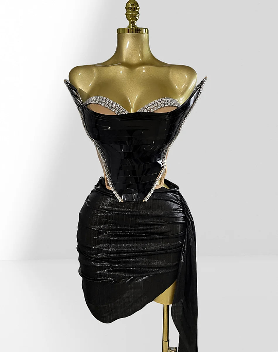 Fashionable Mirror Luxurious Rhinestone Lace -up Top And Mini Skirt Set 2 Pieces Woman Birthday Vestido Music Festival Outfit