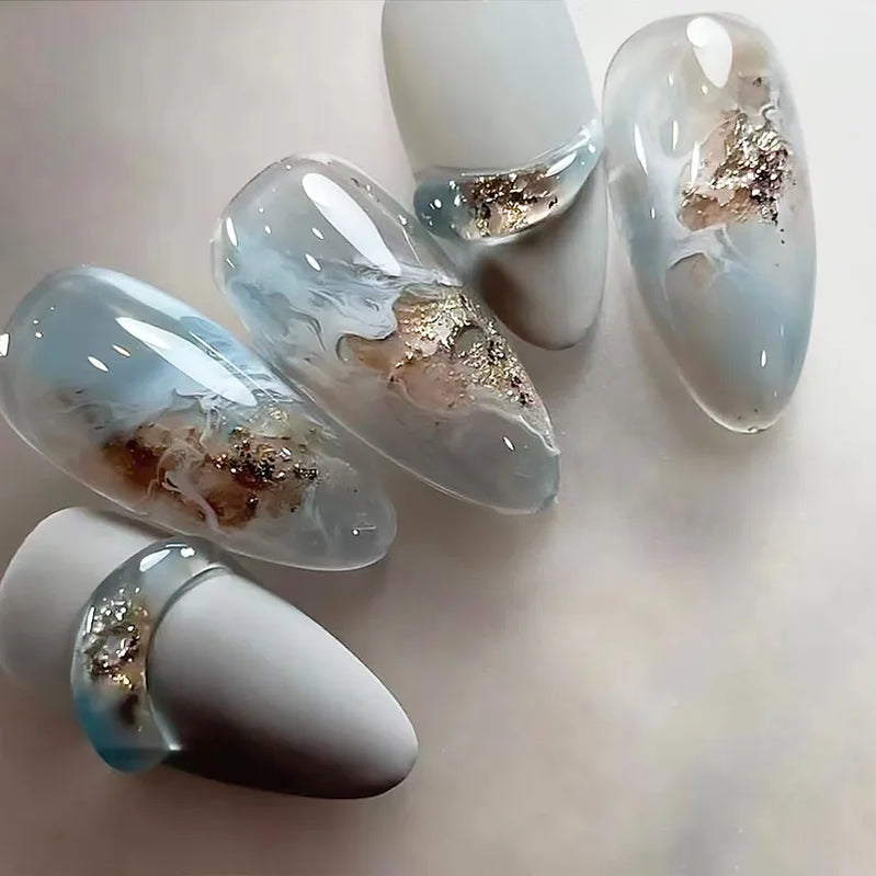 24Pcs Pink Gradient Almond Fake Nails Press on With Pearl Rhinestone Design False Nails Bow Flower Pattern Full Cover Nails Tips