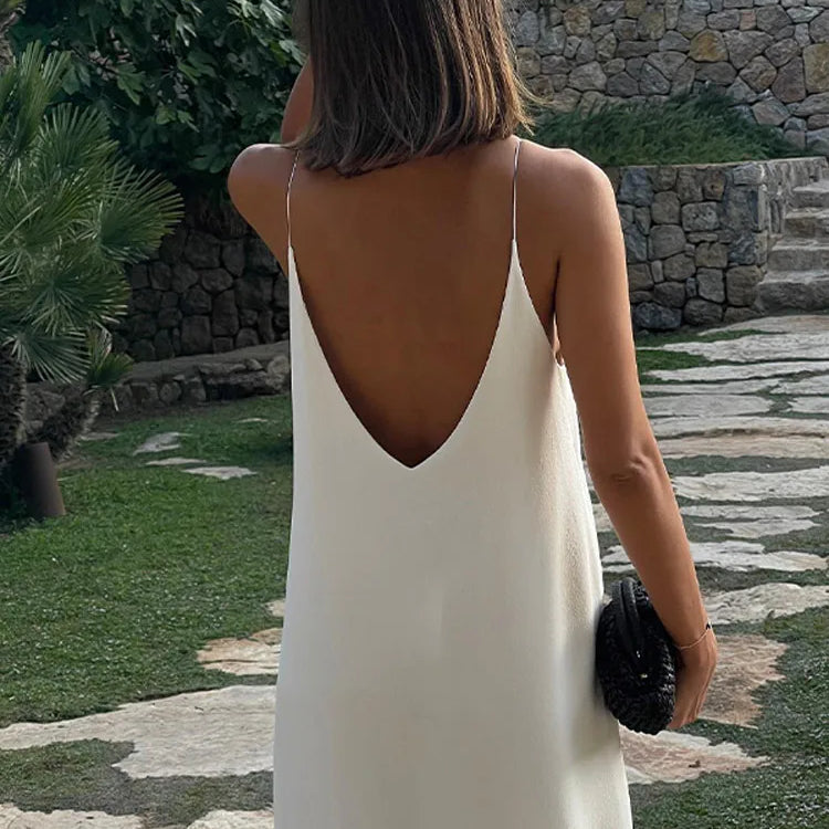Elegant Women's Backless Satin Maxi Dress Casual Loose V Neck Side Splited Strap Robe 2024 Summer Female Vacation Beach Sundress