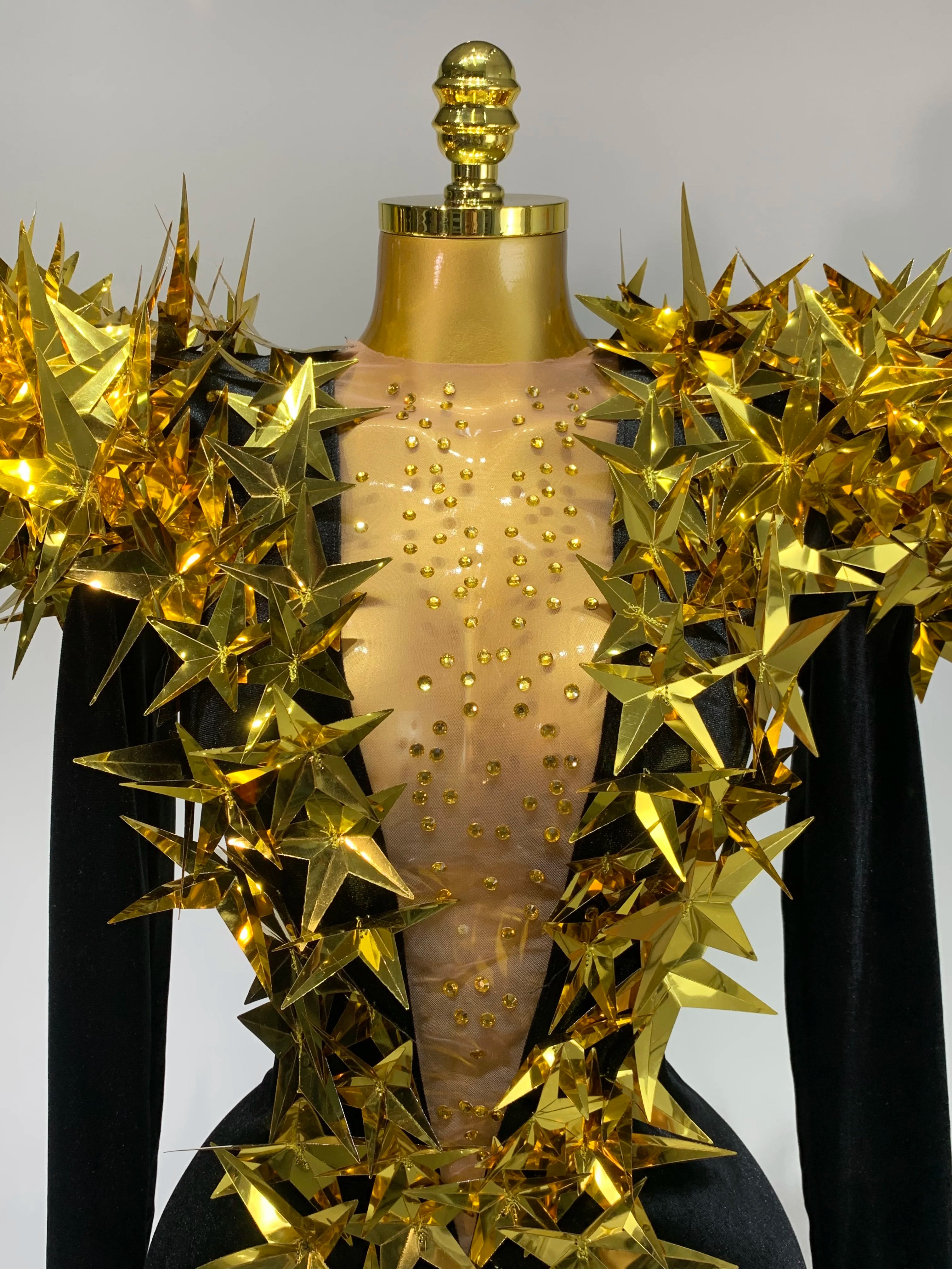 Women Sparkly Gold Rhinestone Black Velvet Long Sleeve Bodysuit Evening Party Club Gala Hosts Night Club Bar Stage Costumes