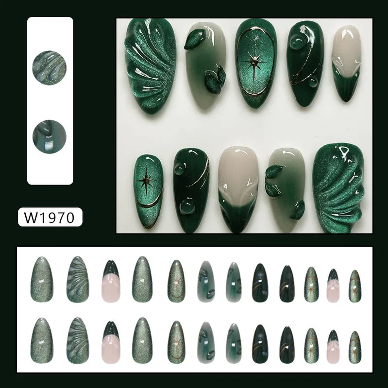 24pcs French Almond Press on Nails Retro Green Cat Eye Fake Nail Tips Detachable Wearable Sweet Cool Spice Girl False Nails