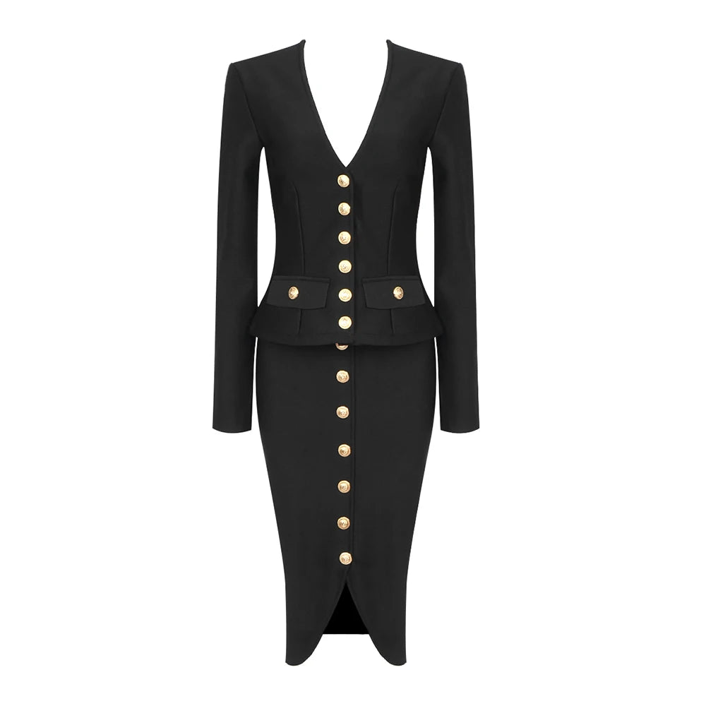 Woman Dress Sets New Chic Button Design Two Pieces Set Celebrity Party Club Bodycon Bandage Skirt Suits Black