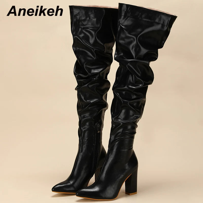 Design White Pleated Leather Over The Knee Boots Fashion Runway Thick High Heels Sexy Pointed Toe Zip Womans Shoes