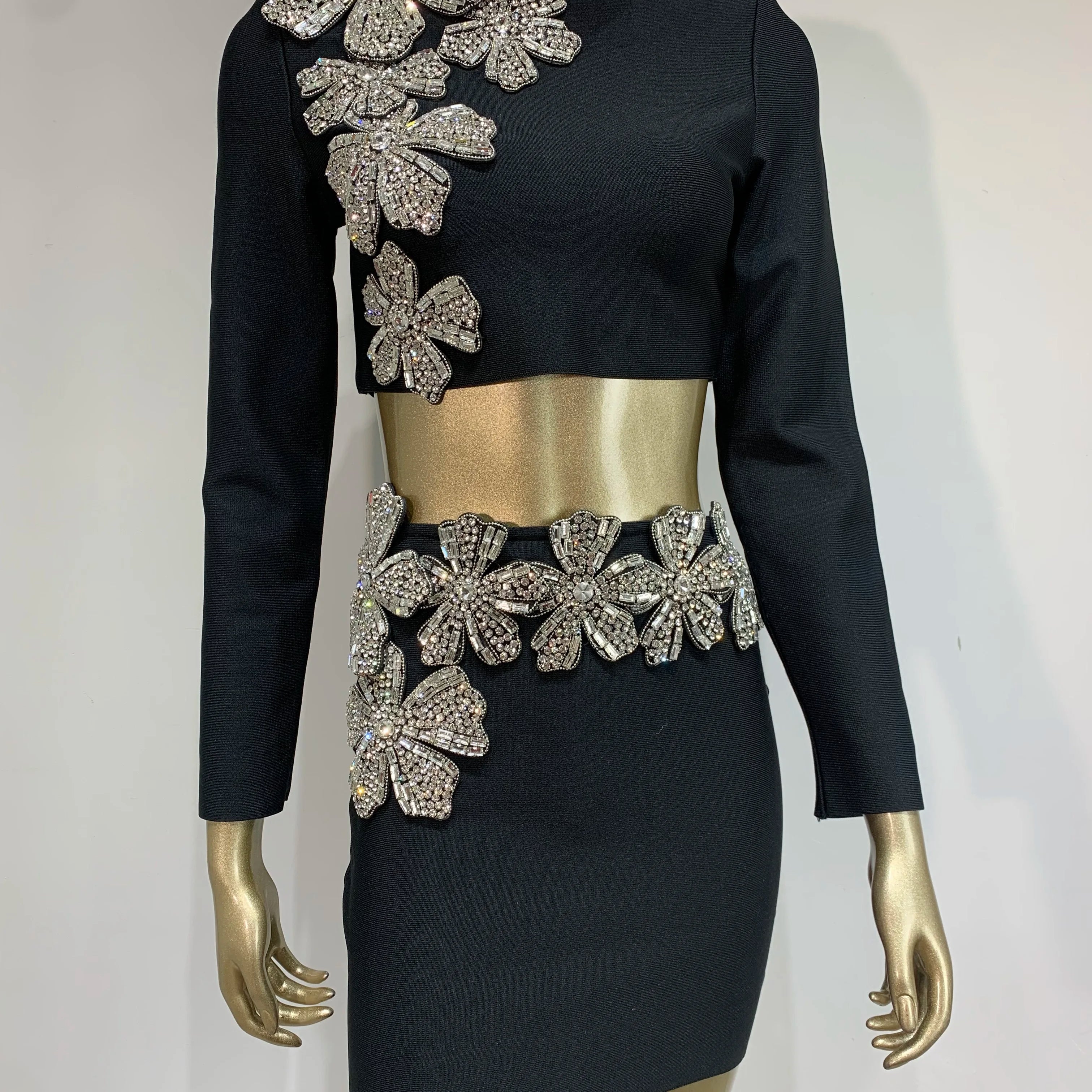 Women Sexy Long Sleeve Flower Diamonds Black Mini Two Pieces Skirt Bandage Set 2025 Celebrity Designer Fashion Women's Set